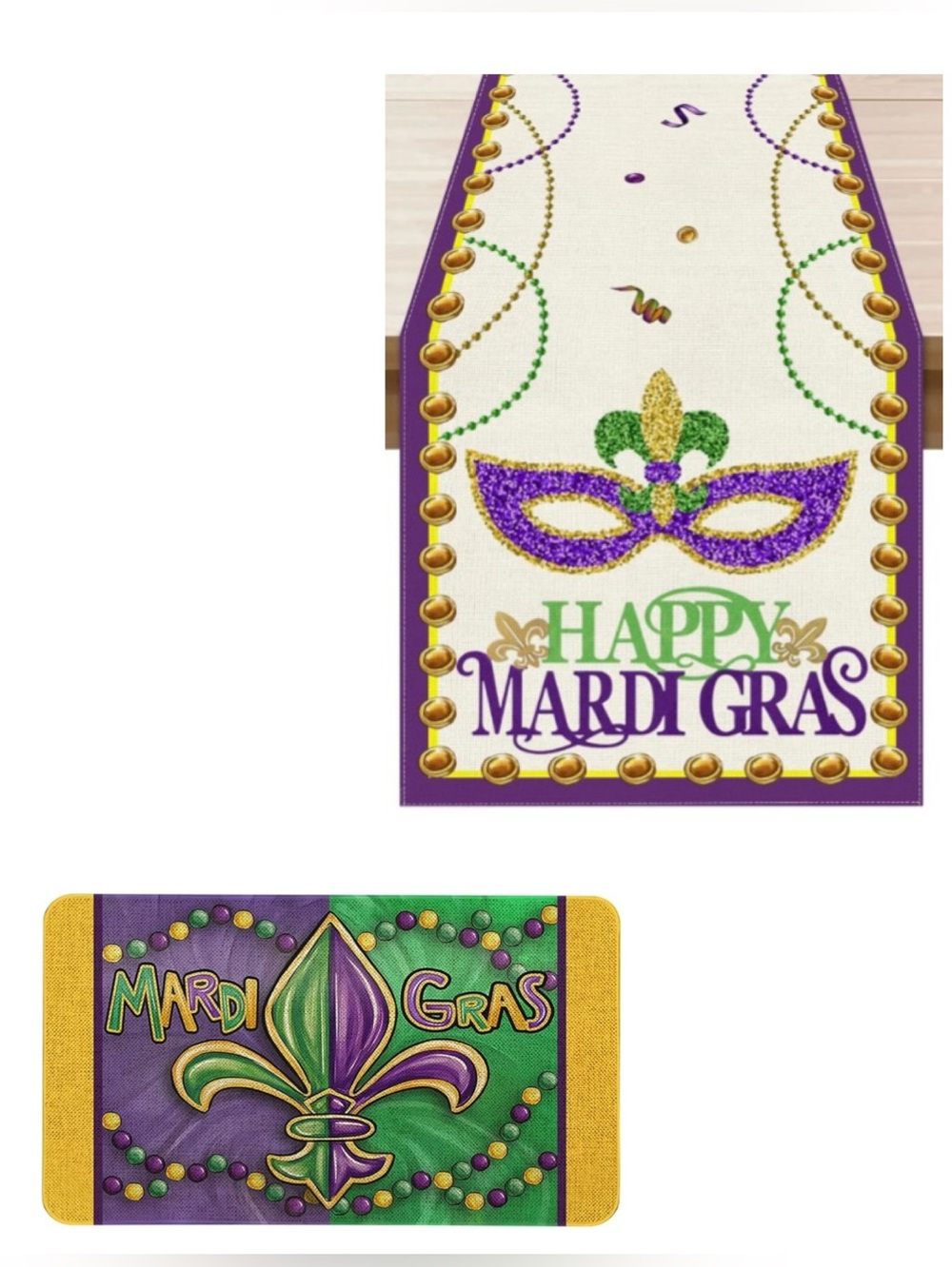 Mardi Gras Table Runner & Floor Mat- Purple, Green & Gold, New
